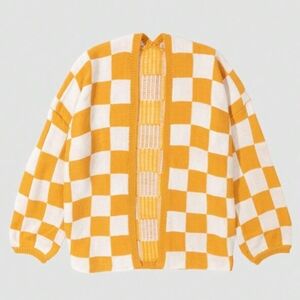 Checkered Knit Cardigan - Yellow and White